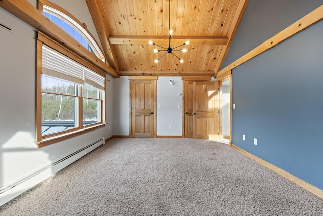 carpeted empty room featuring high vaulted ceiling, a baseboard heating unit, beam ceiling, and wood ceiling