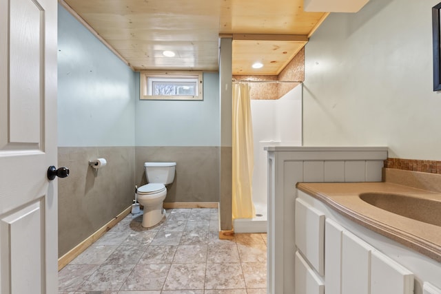 bathroom featuring toilet, vanity, wood ceiling, and a shower with shower curtain