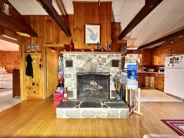 37 Treasure Island Rd, Shapleigh, ME 04076 - living area featuring wood walls, light wood-style flooring, and a fireplace