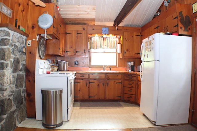 37 Treasure Island Rd, Shapleigh, ME 04076 - kitchen with white appliances, light floors, brown cabinets, light countertops, and a sink