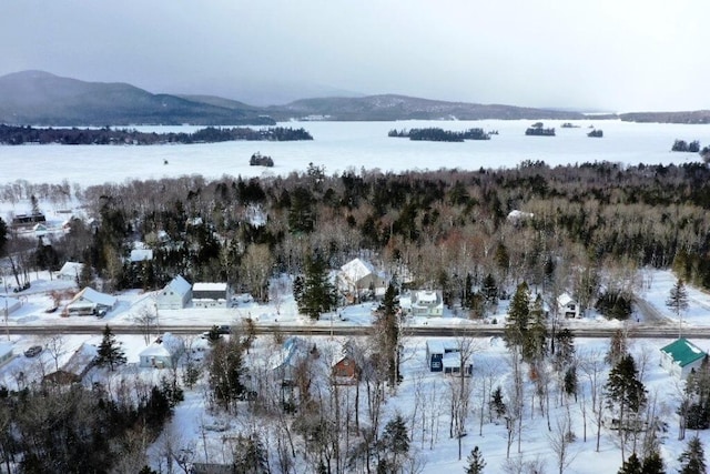 snowy aerial view with a mountain view