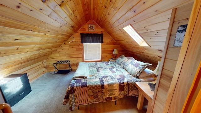 carpeted bedroom featuring lofted ceiling, wood ceiling, and wood walls