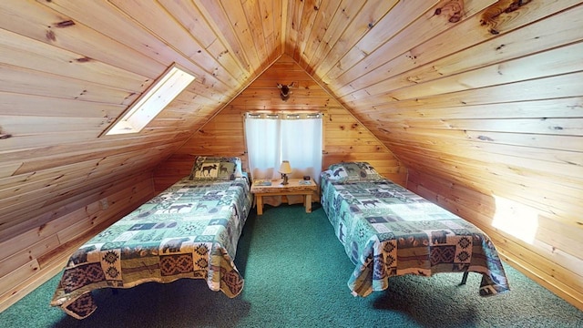 bedroom featuring carpet floors, wooden walls, wooden ceiling, and vaulted ceiling