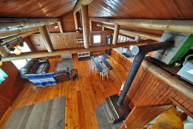 interior space with lofted ceiling, wooden walls, hardwood / wood-style floors, and wooden ceiling