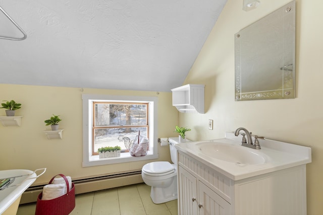 bathroom with baseboard heating, vanity, a textured ceiling, vaulted ceiling, and toilet