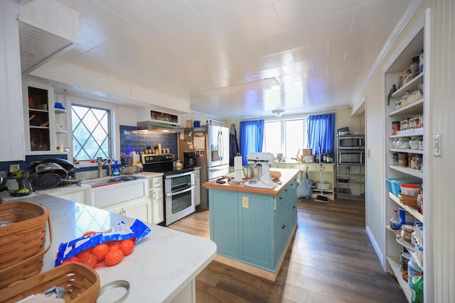 kitchen with appliances with stainless steel finishes, plenty of natural light, a sink, and open shelves