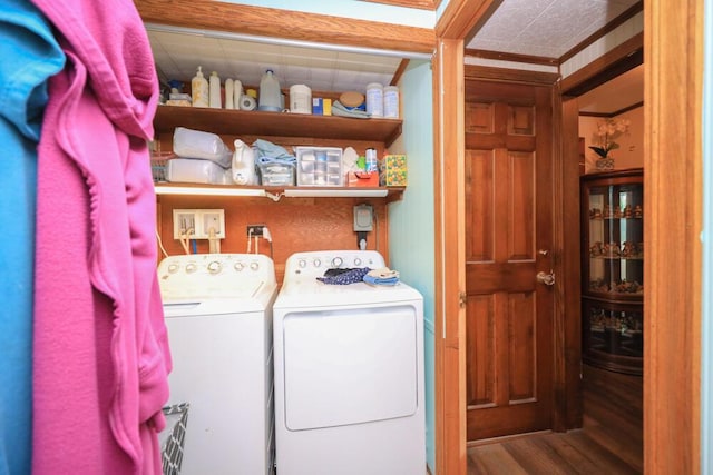 laundry area with laundry area, wood finished floors, and washer and dryer