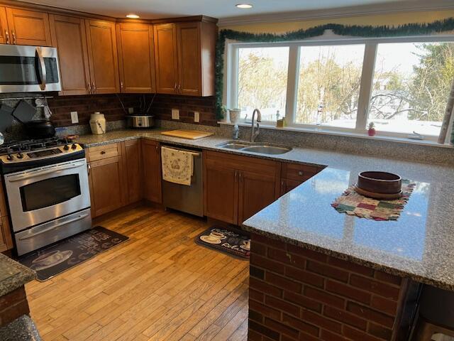 kitchen featuring stainless steel appliances, light stone countertops, sink, and light wood-type flooring