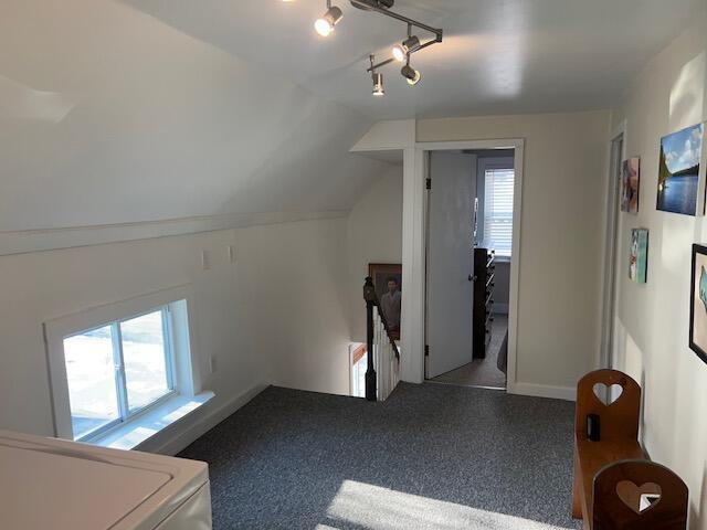 additional living space featuring lofted ceiling, washer / dryer, and carpet