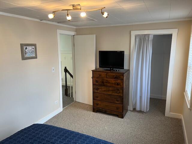 bedroom featuring ornamental molding and carpet flooring