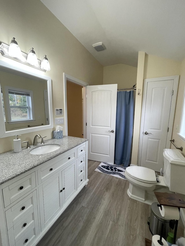 bathroom featuring wood-type flooring, vaulted ceiling, toilet, vanity, and a shower with shower curtain