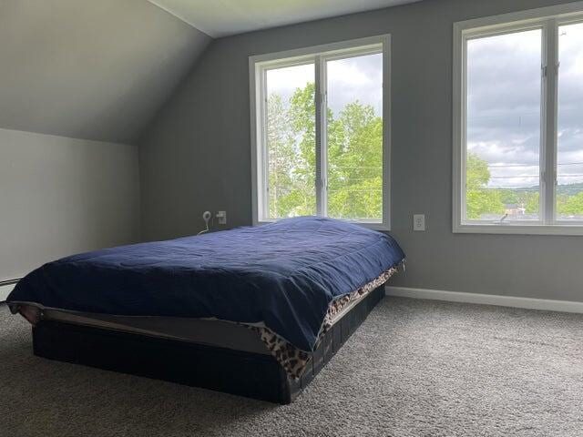 carpeted bedroom featuring baseboard heating and lofted ceiling