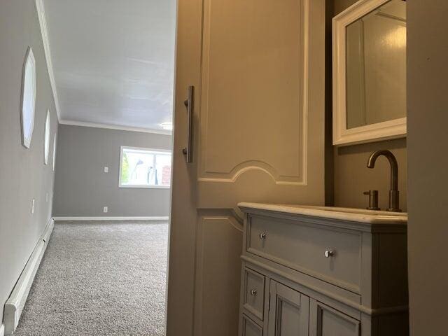 bathroom featuring a baseboard radiator, sink, and crown molding