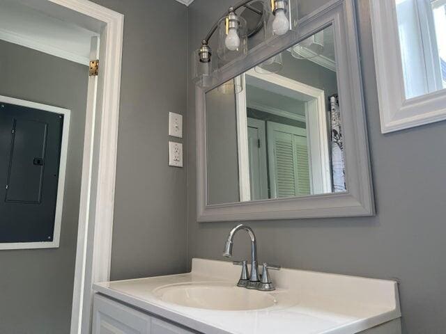 bathroom featuring electric panel, ornamental molding, and vanity