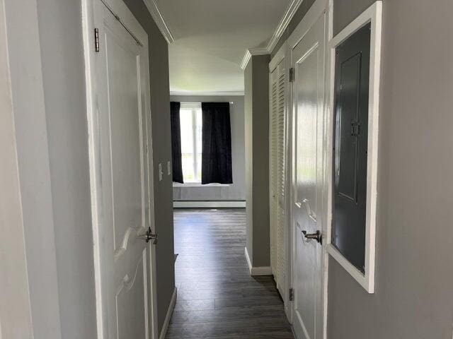 corridor featuring baseboard heating, dark hardwood / wood-style floors, and ornamental molding