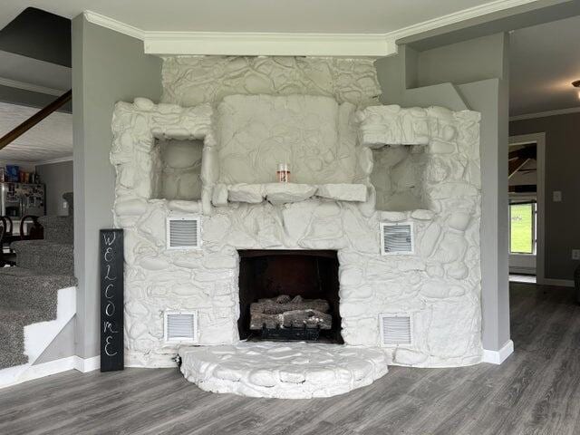 details featuring wood-type flooring, crown molding, and a fireplace