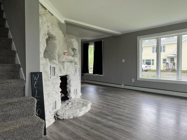 living room featuring dark wood-type flooring, a baseboard heating unit, and ornamental molding