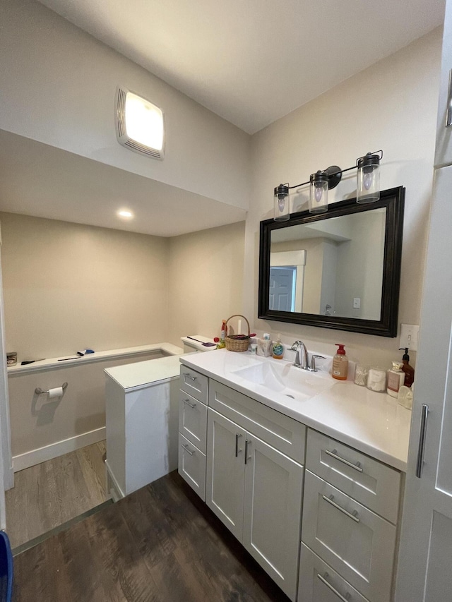 bathroom with hardwood / wood-style flooring and vanity