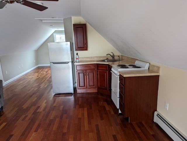 kitchen with white range with electric cooktop, a baseboard radiator, sink, dark wood-type flooring, and stainless steel fridge