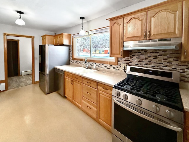 kitchen with a baseboard heating unit, sink, pendant lighting, backsplash, and stainless steel appliances