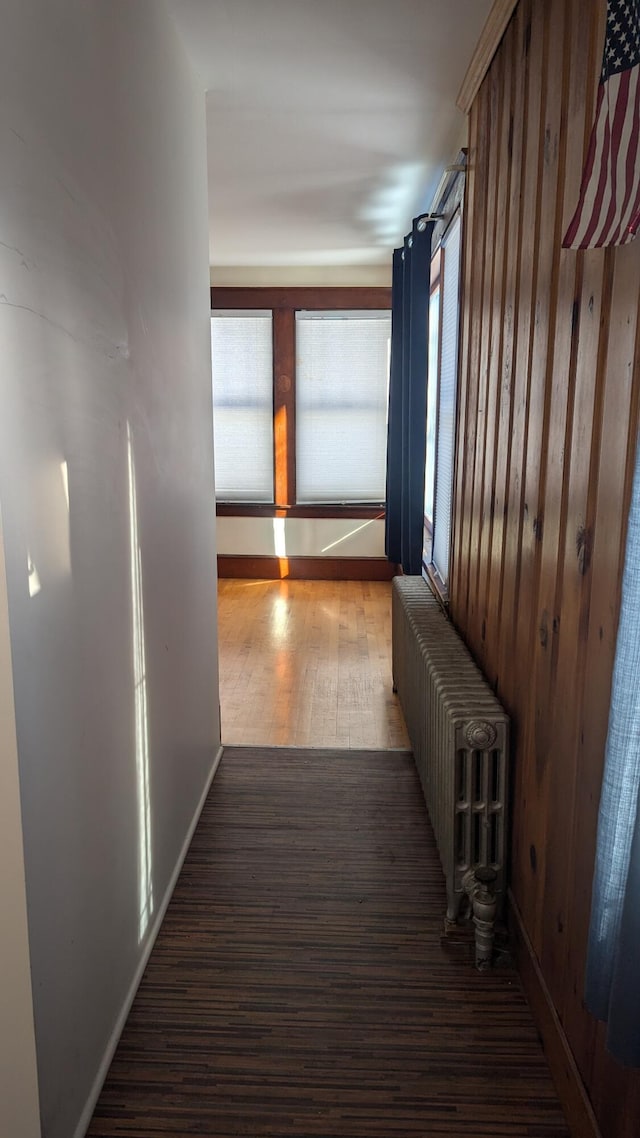 hallway with plenty of natural light, hardwood / wood-style floors, and radiator