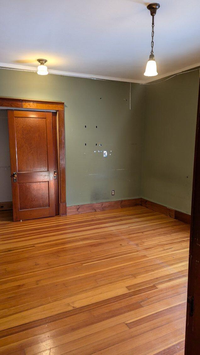 spare room with ornamental molding and light hardwood / wood-style flooring