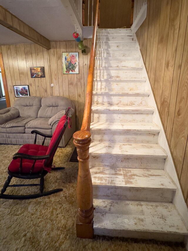 stairway with wood walls