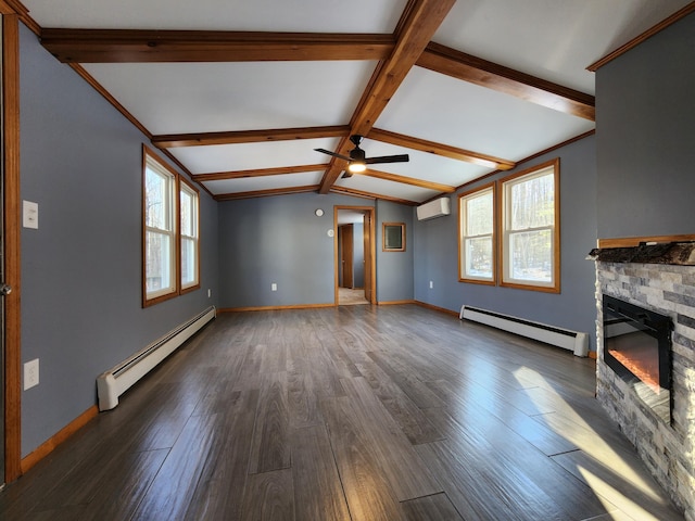 unfurnished living room featuring lofted ceiling with beams, a baseboard heating unit, a stone fireplace, and a wall mounted air conditioner