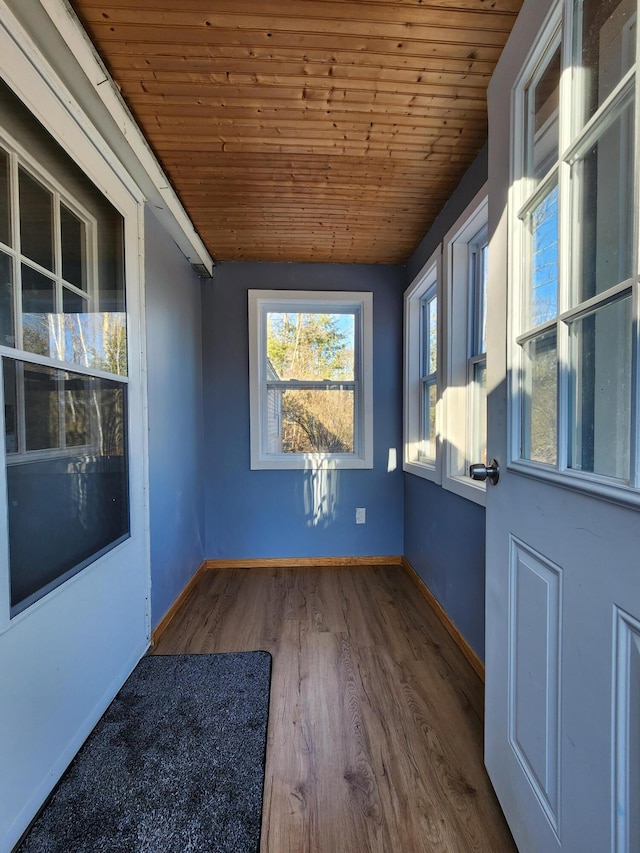 interior space with hardwood / wood-style floors and wooden ceiling