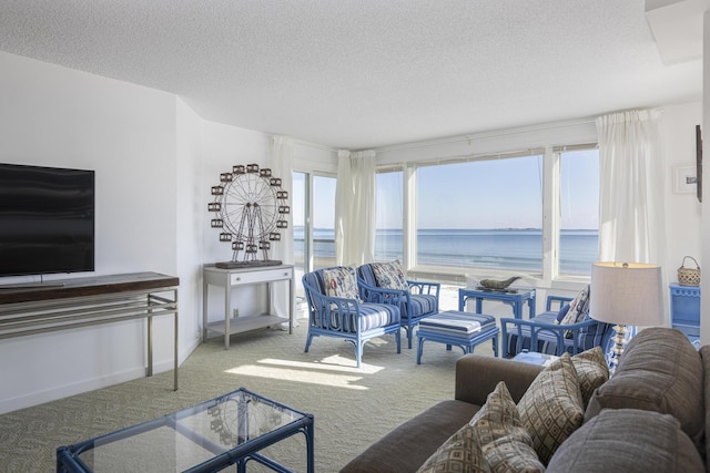 living room featuring a water view, a textured ceiling, carpet, and a wealth of natural light