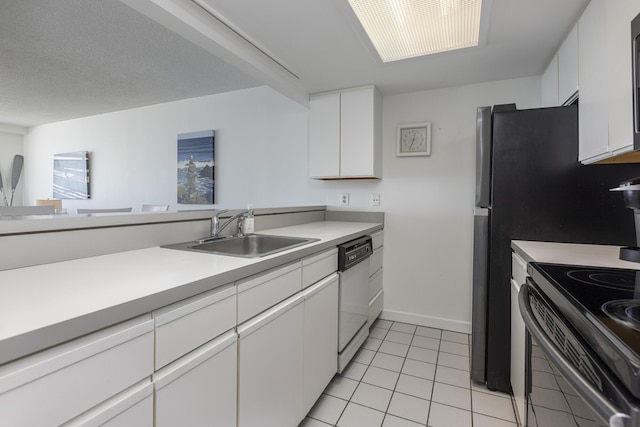 kitchen featuring sink, white dishwasher, range with electric stovetop, white cabinets, and light tile patterned flooring