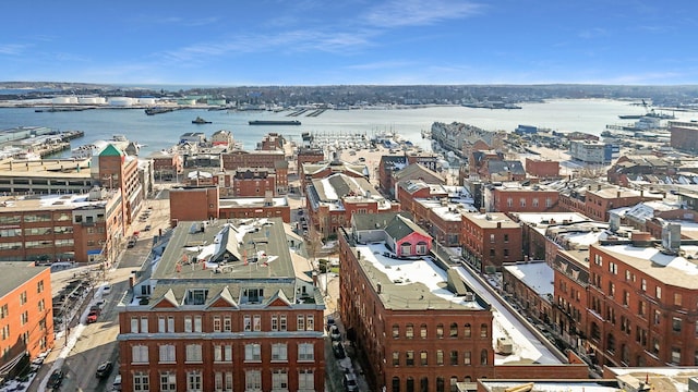 drone / aerial view with a water view