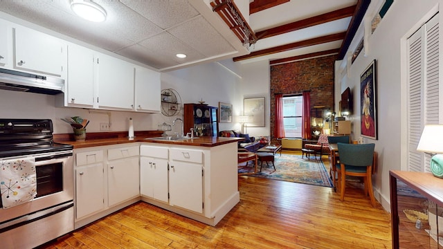 kitchen with sink, white cabinetry, stainless steel electric stove, kitchen peninsula, and light wood-type flooring