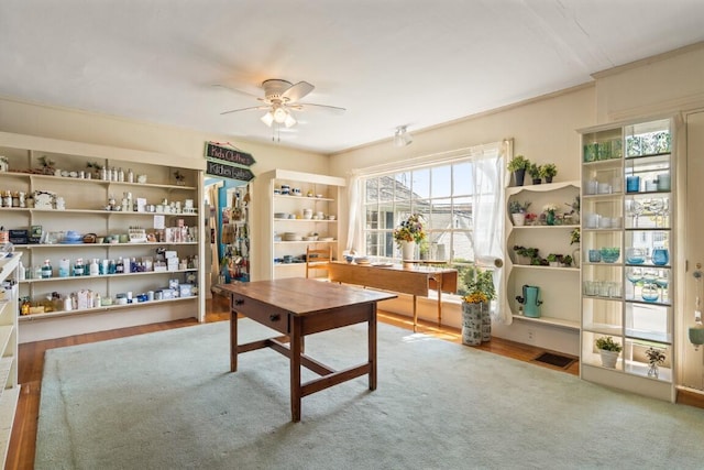 office area featuring ceiling fan and ornamental molding