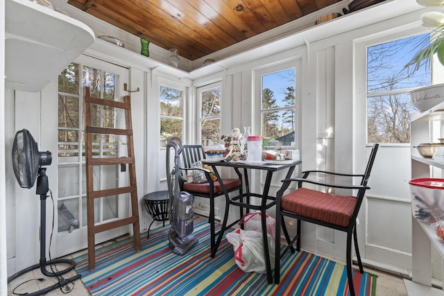 sunroom featuring wood ceiling