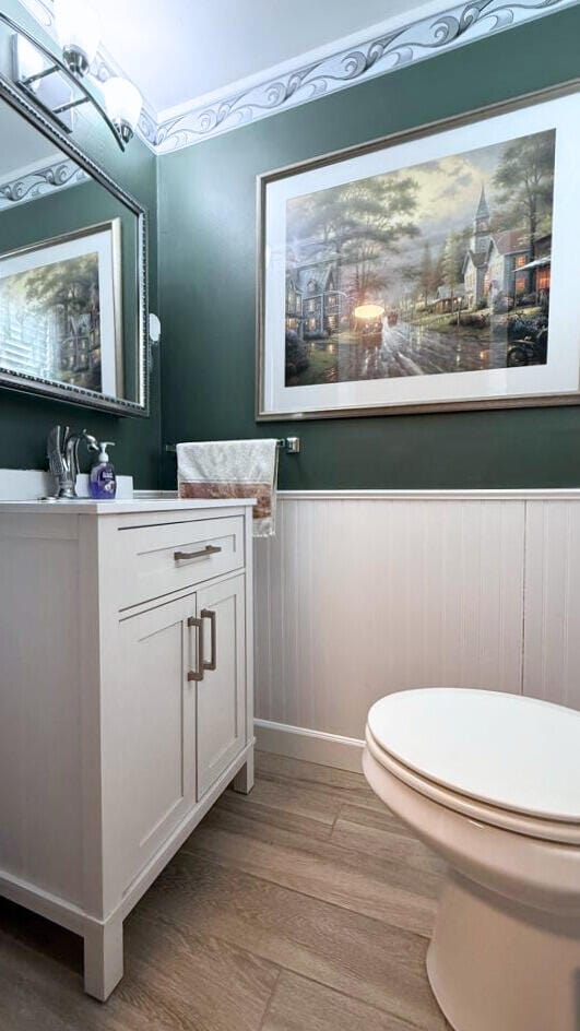 bathroom with toilet, wood-type flooring, and vanity