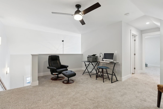 office area featuring carpet, baseboards, and ceiling fan