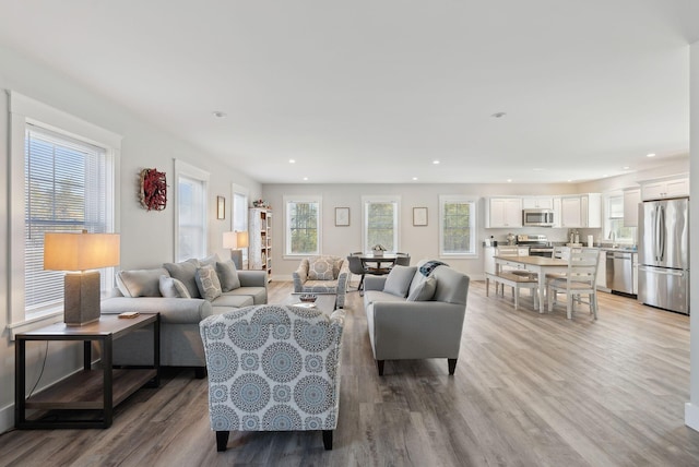 living area featuring recessed lighting, wood finished floors, and baseboards