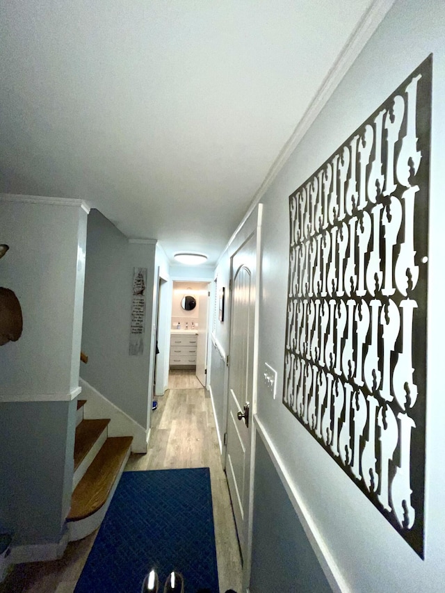 hallway featuring crown molding and light hardwood / wood-style floors