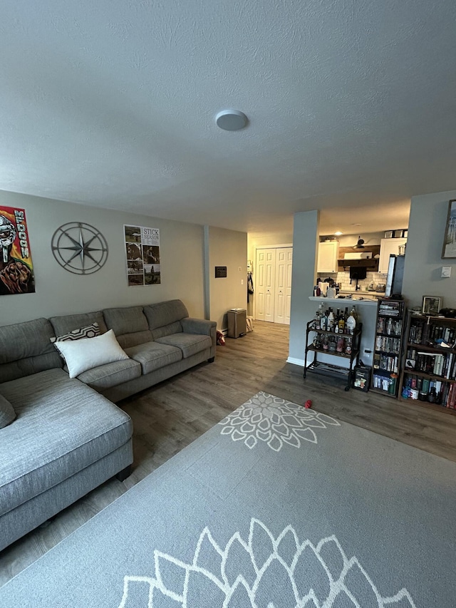 living room featuring wood-type flooring and a textured ceiling