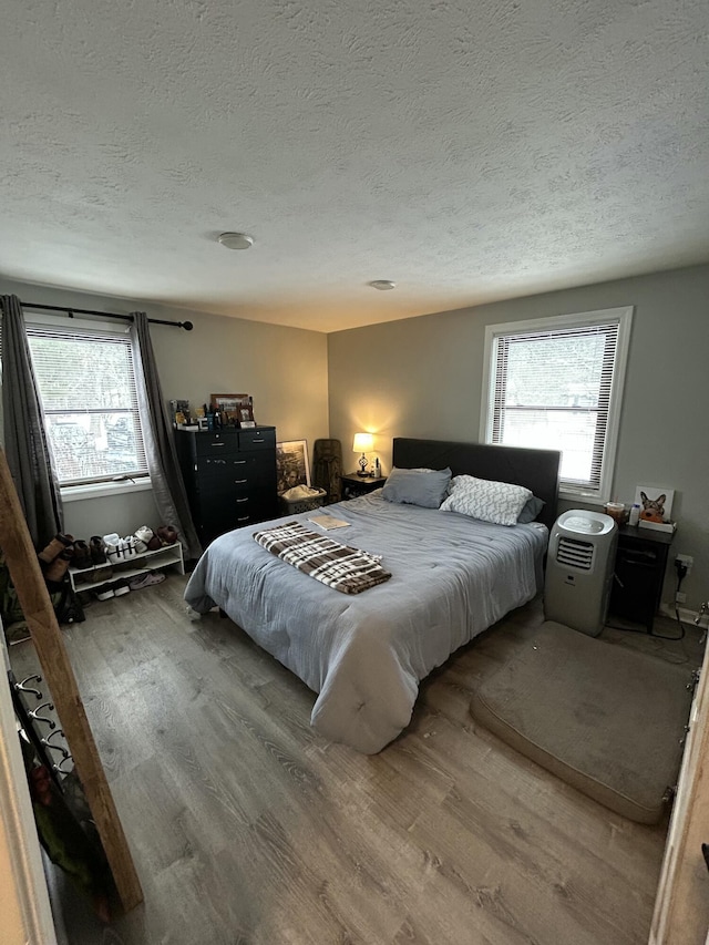 bedroom featuring wood-type flooring, multiple windows, and a textured ceiling