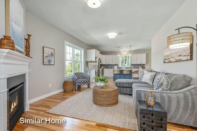 170 Buttonbush Ln Unit 21, Wells, ME 04090 - living area featuring light wood finished floors, a glass covered fireplace, and baseboards