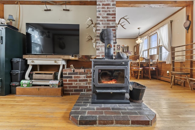 details with hardwood / wood-style floors, ornamental molding, and a wood stove