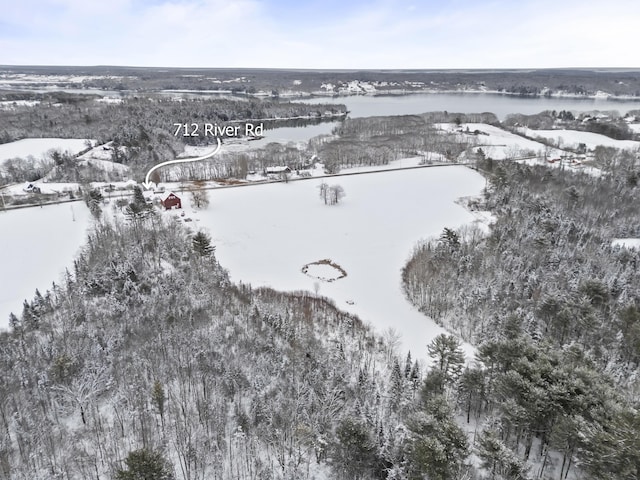 snowy aerial view featuring a water view