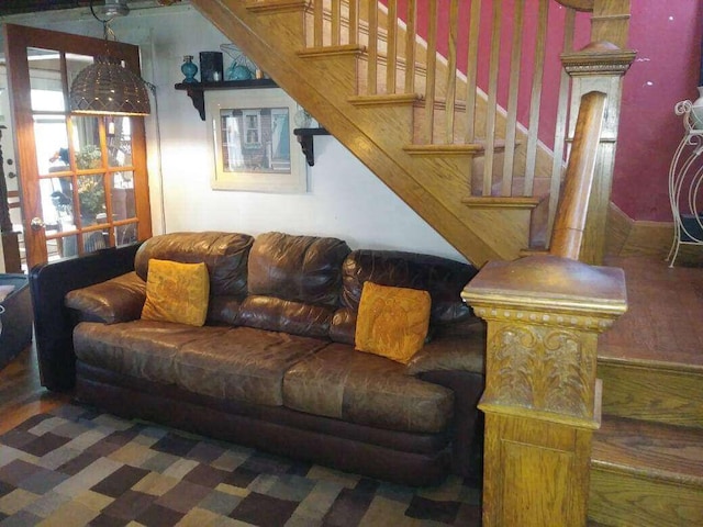 living area with stairs