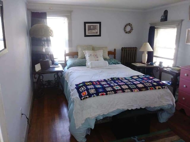 bedroom featuring multiple windows, hardwood / wood-style floors, and crown molding