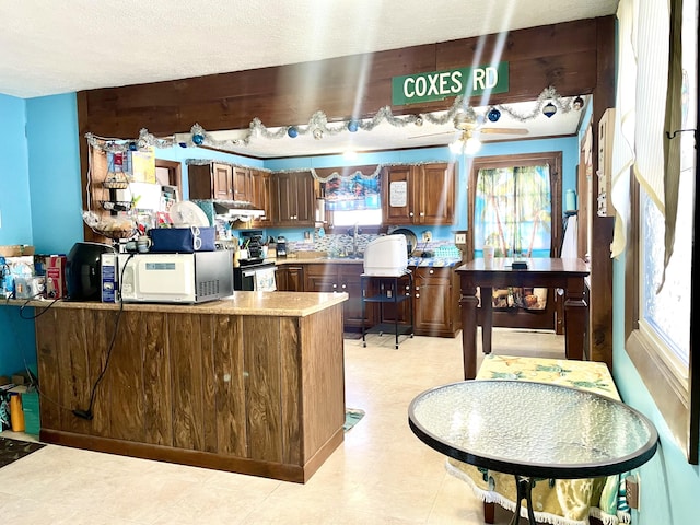 kitchen with a wealth of natural light, white microwave, a peninsula, and light countertops