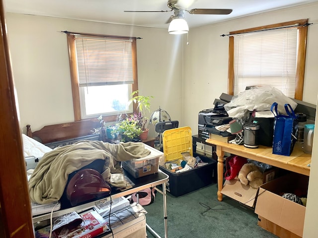 bedroom featuring carpet and ceiling fan