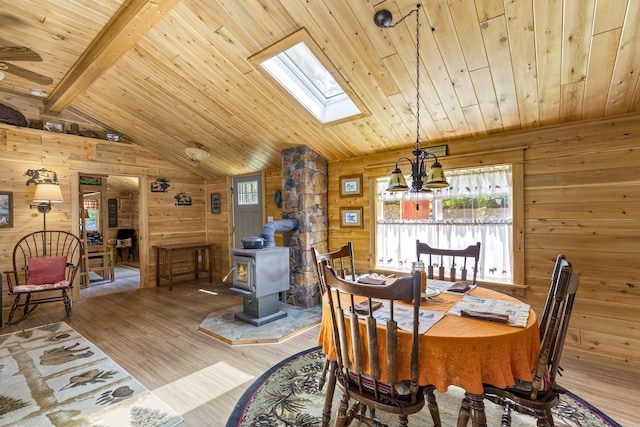 dining room with lofted ceiling with skylight, a healthy amount of sunlight, wooden ceiling, and wood-type flooring