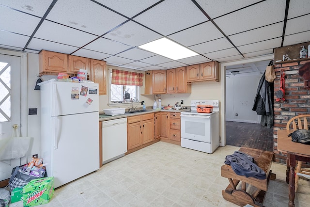 kitchen featuring white appliances, sink, and a drop ceiling